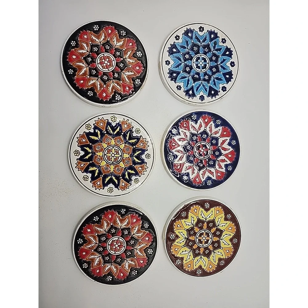 GORGEOUS HANDMADE 6 COASTER‎ SET BY NIARCHOS MADE IN GREECE MARKED CERAMIC TILES